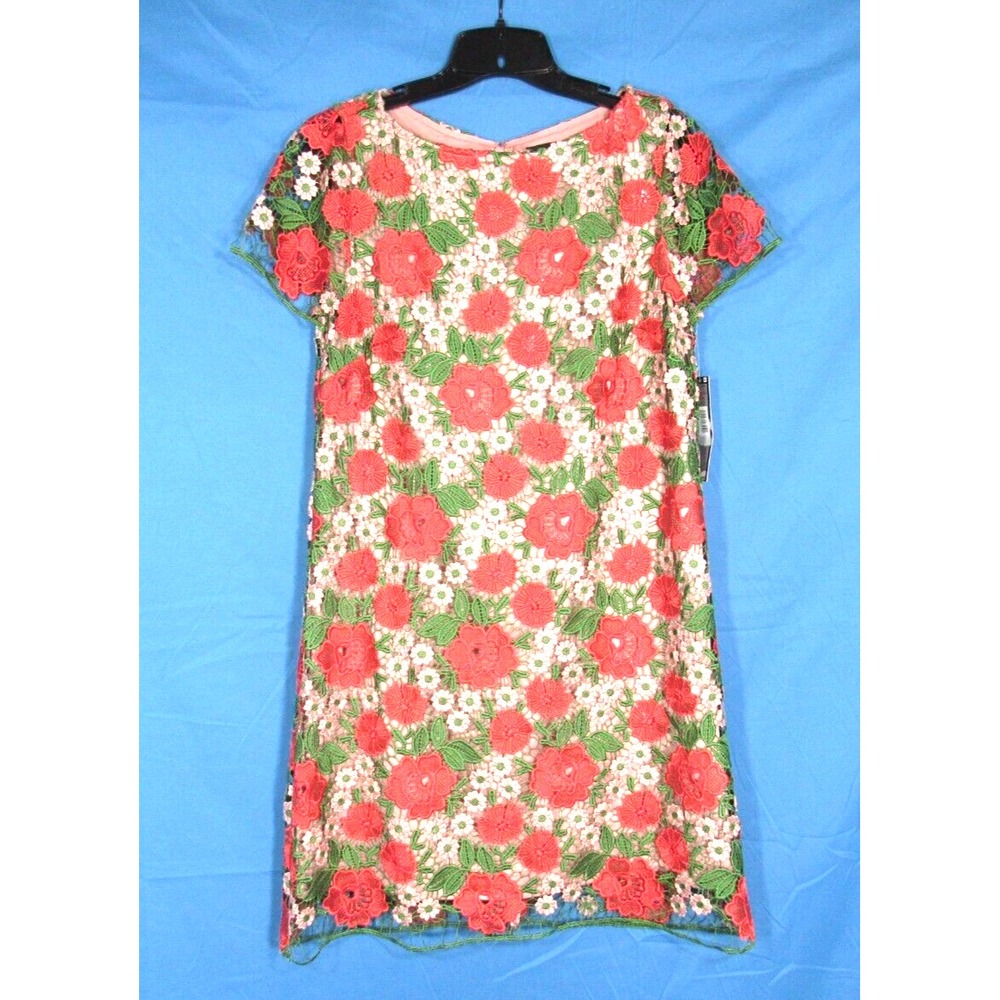 NWT TAHARI Pink/Green/Multi Floral CROCHET LACE OVERLAY Lined SHIFT DRESS Sz 8